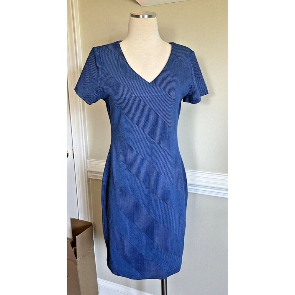 Sharagano Womens Dress‎ Blue Textured Short Sleeve Size 10 Stretchy Knit Shift